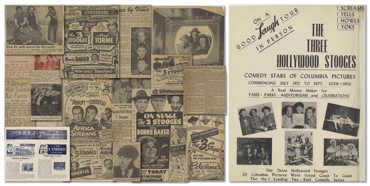 Over 3 Dozen Newspaper Clippings From Moe Howard's Scrapbook, From the Shemp Era Circa 1948 -- Includes 8'' x 11'' Flyer Promoting The Three Stooges Stage Shows -- Very Good Condition